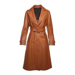 Yüksek kaliteli özelleştirilmiş kahverengi orijinal deri trençkot kadınlar için uzun silgi gündelik palto sokak