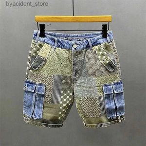 Men's Shorts Summer New Cargo Denim Shorts Mens Irregular Splicing Printed Personality Tide Five Points Flower Pants Streetwear Jeans Hombre L240320