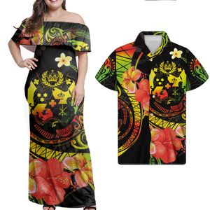 Partihandel Tonga kläder Polynesiska par sätter tryck på begäran Custom Maxi Plus Size Womens Dresses Matching Mens Shirts Moq 1