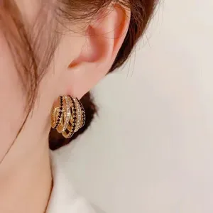 Stud Earrings Luxury C-Shape Inlaid Black Zircon Korean Women's Personality Stylish Daily Accessory Party Jewelry Birthday Gift 2024
