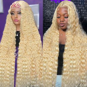 38-дюймовый медовый блондин 613 Deep Wave13x4 Hd кружевной фронтальный парик бразильский прозрачный кружевной передний цвет вьющиеся парики человеческие волосы