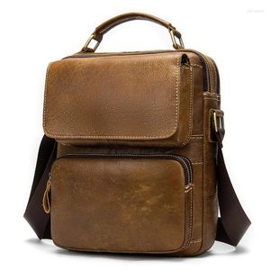 Bolsa masculina de couro genuíno ombro mensageiro multi-bolso flip marca bolsa casual viagem crossbody vintage