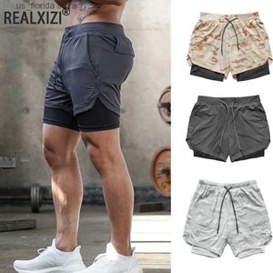 Shorts masculinos Mens Gym Sports Shorts Jogging Running Respirável Fitness Exercício Dupla Camada Camisa Escondida-Bolso Casual Camuflagem Shorts Y240320