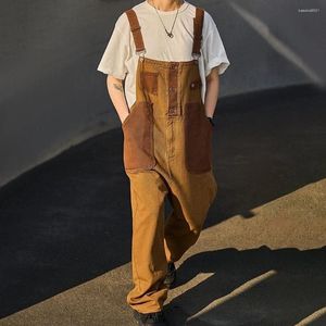 Men's Jeans 2024 Japanese Style Retro Distressed Ahmei Khaki Color-Blocked Unisex Overalls American Street Loose One-Piece Straight