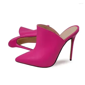 Dress Shoes Top Leather Fuchsia Pointed Toe Stiletto Heel Mules Matte Hollow Cutouts Cover Thin Heels Spring Autumn Women High Pumps