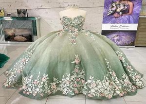 2023 Light Green Handmade Flowers Quinceanera Dresses Ball Gown Sweetheart Sleeveless Appliques Corset For Sweet 15 Girls Party BC4807720
