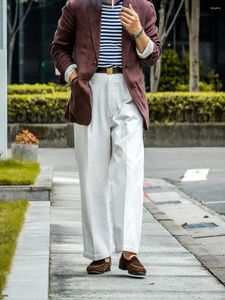 Calças masculinas europeias e americanas retrô soltas encaixe reto casual todo algodão padrão de espinha de peixe branco estilo universitário vintage