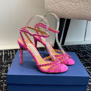 Rhinestone Aquazzura Sandals Crystal PVC Ankel Strap Stiletto High Heels Dress Shoes 10cm Leathiine Leather Extole Designer Cheels Womens Dinner Shoes