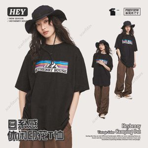 Heyhenry Mens 여름 느슨한 피팅 짧은 슬리브 트렌디 한 일몰 Shanxi 인쇄 라운드 넥 대학 스타일 커플 티셔츠