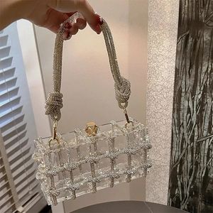 Diamante claro acrílico caixa noite sacos de embreagem mulheres boutique tecido atado corda strass bolsa e bolsas festa de casamento ins 240307