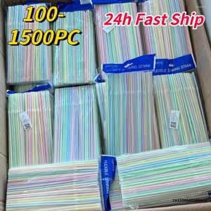 Disposable Cups Straws 100/300/500/1500Pcs Plastic For Kitchenware Bar Party Event Alike Supplies Striped Cocktail Drinking