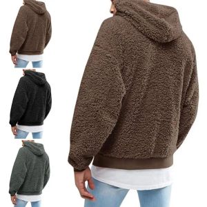 Casaco Masculino De Inverno De Cor Sólida De Lã Fofa Com Capuz Pulôver Quente Moletom De Veludo Lã Com Capuz Masculino