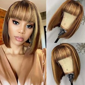 Ombre Highlight Blonde Full Machine Made Wig with Bangs 180% Density Short Bob Straight Non Lace Front Wig Remy Brazilian Hair