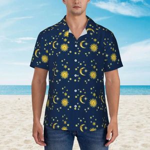 Erkekler Sıradan Gömlek Hawaii Gömlek Tatil Glod Moon Bluses Güneş ve Yıldızlar Zarif Erkekler Kısa Kollu Sokak Giysileri