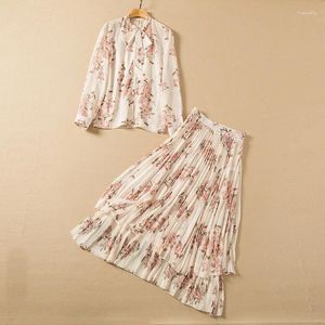 Work Dresses European And American Women's Wear Spring 2024 Printed Shirt With Long Sleeves Bow Pleated Skirt Fashion Suits