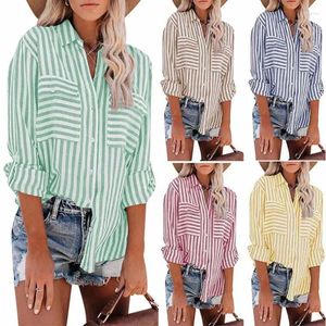 Blusas femininas poliéster listrado único breasted camisa de manga comprida algodão primavera verão branco feminino