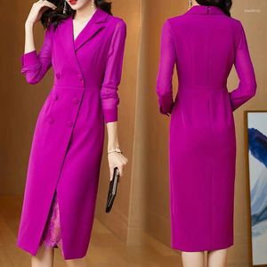 Sukienki swobodne 2024 Kobiety eleganckie koronkowe patchwork garnitur w stylu podwójnie piersi Midi Modest Spring Autumn Long Sleeve Party V427