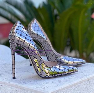 Dress Shoes Women Gold Silver Checkered Snakeskin High Heel Metallic Shallow Cut Pointed Toe Pumps 12cm 10cm 8cm Sky Stilettos