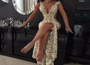 Custom Made Lace Deep V Neck Evening Gowns Sparkly Beaded Sheer Backless Mermaid Prom Dresses See Through Sweep Train Party Gowns8443023