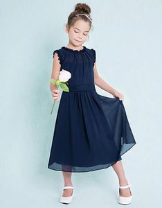 Custom Made Dark Navy Júnior Vestidos de Dama de Honra Barato Coluna Jóia Sem Mangas Aline Ruffles Zipper Back Flower Girl Dresses5892856