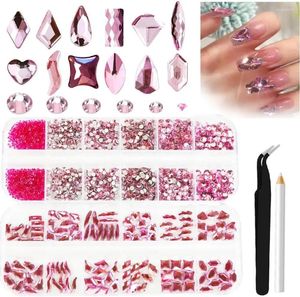 Kit per nail art Strass Unghie rosa Charms Gemme con 2680 pezzi Perline tonde con retro piatto Pietre diamantate trasparenti per decorazioni fai-da-te