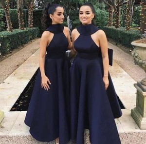 Stylish High Neck Bridesmaid Dresses Sexy ALine Sleevless Bow Zipper Back 2019 Prom Dress Ankle Length Satin Customized bridesmai6417727