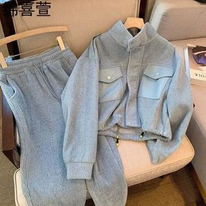 Pantaloni con gamba larga in alto con maniche lunghe grigio autunno coreano Set per donne set per abbigliamento sportivo da donna 240319