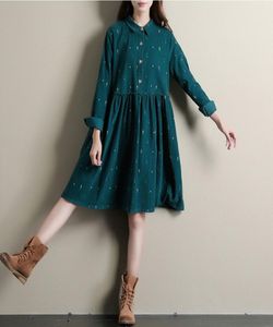 겨울 출산 드레스 녹색 긴 소매 캐주얼 한 느슨한 플러스 사이즈 드레스는 칼라 코듀로이 코튼 드레스 라인 loli7272616
