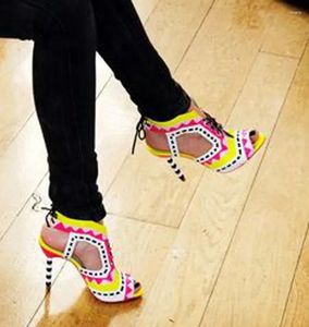 Dress Shoes Carved Out Slingbacks Beads Heels Sandals Summer Mixed Colors Small Triangle Patched Multi Lace Up T Stage Runway