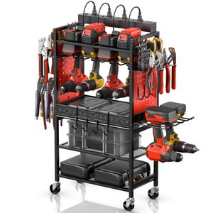 CCCEI Organizer Station, Garage Floor Rolling Storage on Wheels for Mechanic, Mobile 6 Drill, Tool Box Utility Cart with Battery Charging Power Strip, Red.