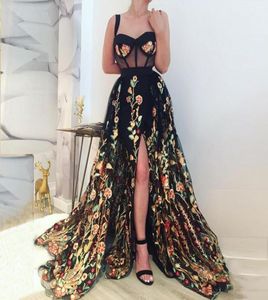 Black Flowers Tulle Long Evening Dresses Sweetheart Spaghetti Straps Split Floor Length Illusion Prom Dresses Formal Party Gowns3240581