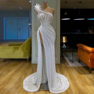 African Style Long Sparkly Prom Dress Crystal One Shoulder Sexig hög delad aftonklänningar med pärlor Kvinnliga klänning Party Celebrity