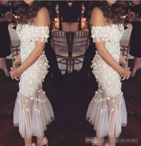 Sexy Off the Shoulder White Evening Dresses Handmade Flowers Sheer Neck 2019 Plus Size Mermaid Short Tea Length Prom Party Ball Go6747040