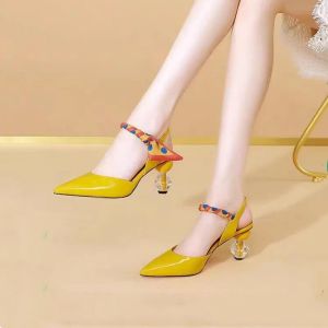 Pumps Fashion Transparent Thick Heel Baotou Sandals Women's Edition 2023 Summer New Lacquer Leather One Line Pointed High Heels