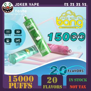 Original Bang Shisha 15000 puffs engångs e-cigaretter 650 mAh uppladdningsbart batteri 24 ml Förfylld pod Big Vapor Kit Airflow Control vs JNR 12K 20 Smak i lager