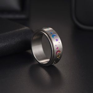 Anelli colorati con stella lunare Ruotano l'anello in acciaio inossidabile Anello di decompressione con spinner Alleviare l'ansia 8MM Possono essere ruotati Fascia Gioielli moda donna