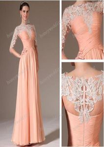 New Arrival Bridesmaid Dresses Chiffon Lace Peach Sheath Color Half Sleeve Evening Gowns Sheer Bateau Neck Long Honor Of Maid Dres5659006