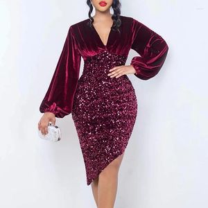 Casual Dresses Evening Party Dress for Women Long Sleeve Solid Sequins V-neck High Waist Package Hip Fashion Elegant Commute Slim Sexy