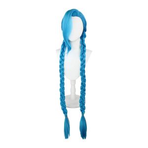 Perücken 120 cm blaue lange Zöpfe Jinx Perücken Cosplay Kostüm Hitzebeständige synthetische Haare Frauen Carnival Party Wigs + Perückenkappe