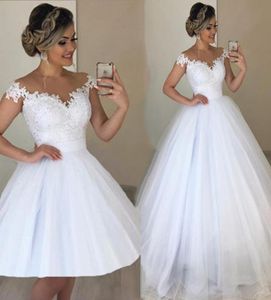 2 in 1 eleganti perline di pizzo abiti da sposa corti scollo a V con spalle scoperte abito da ballo romantico abiti da sposa treno staccabile Vestido de 8947469