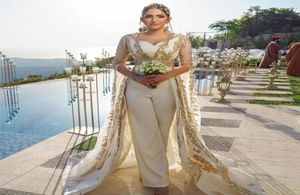 Sparkly Overskirt Wedding Dresses With Pants Bridal Gowns Long Sleeves Jumpsuits Sweetheart Neckline Sequined Satin Arabic Vestido9565583