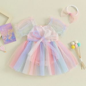 Listenwind Infant Baby Girl Summer Jumpsuit med båge pannband ärmlös tyll lapptäcke romper set i 024 månader 240311