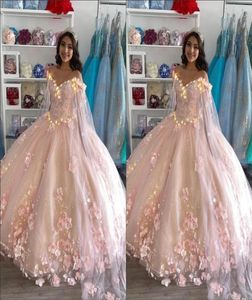 Romantisk rodnad rosa broderade quinceanera -klänningar 2021 bollklänning med Cape Robe 3d blommor blommor pärlstav lång rufsad söt 15 p3176755