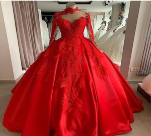 Red Ball Gown High Neck Quinceanera Dresses 2020 Long Sleeves Beading Feather vestidos de 15 anos vestidos Prom Dress8368417