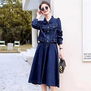 Vestidos de trabalho coreano moda vintage denim saia define roupas de outono feminino jeans jaqueta para fora casual saias longas duas peças das mulheres