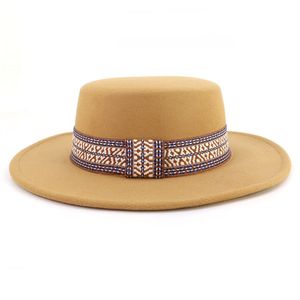 6 cm 8cm 10cm platt topp fedora hatt etnisk minoritetsstil band kvinnor män fascinator båt filt hatt party kyrkan prestanda mössa