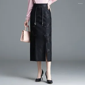 Skirts Women Vintage Jacquard Black Bodycon Long Skirt 2024 Spring Autumn Elegant Chic Slim Fit Casual Pencil Plus Size 4XL 1279