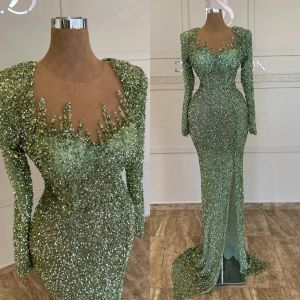 Sexy Green Mermaid Evening Dresses Crystal Long Sleeves Formal Party Prom Dress Pleats Dresses for special occasion