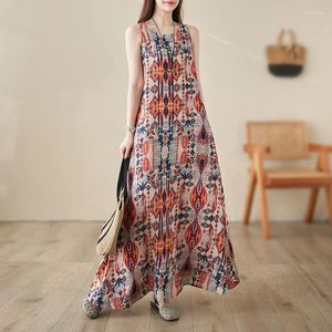 Casual Dresses 2024 Holiday Outdoor Travel Style Summer Beach Dress Sleeveless Print Thin Light Long Fashion Women