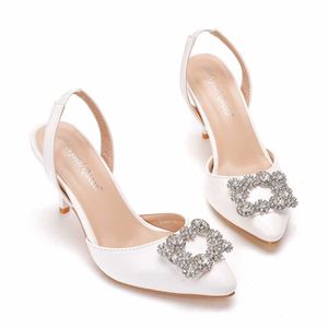 Nuovo 7 cm sandalo estivo bocca bassa a punta sandali bianchi tacco donna strass fibbia quadrata scarpe da sposa scarpe da sposa 240228